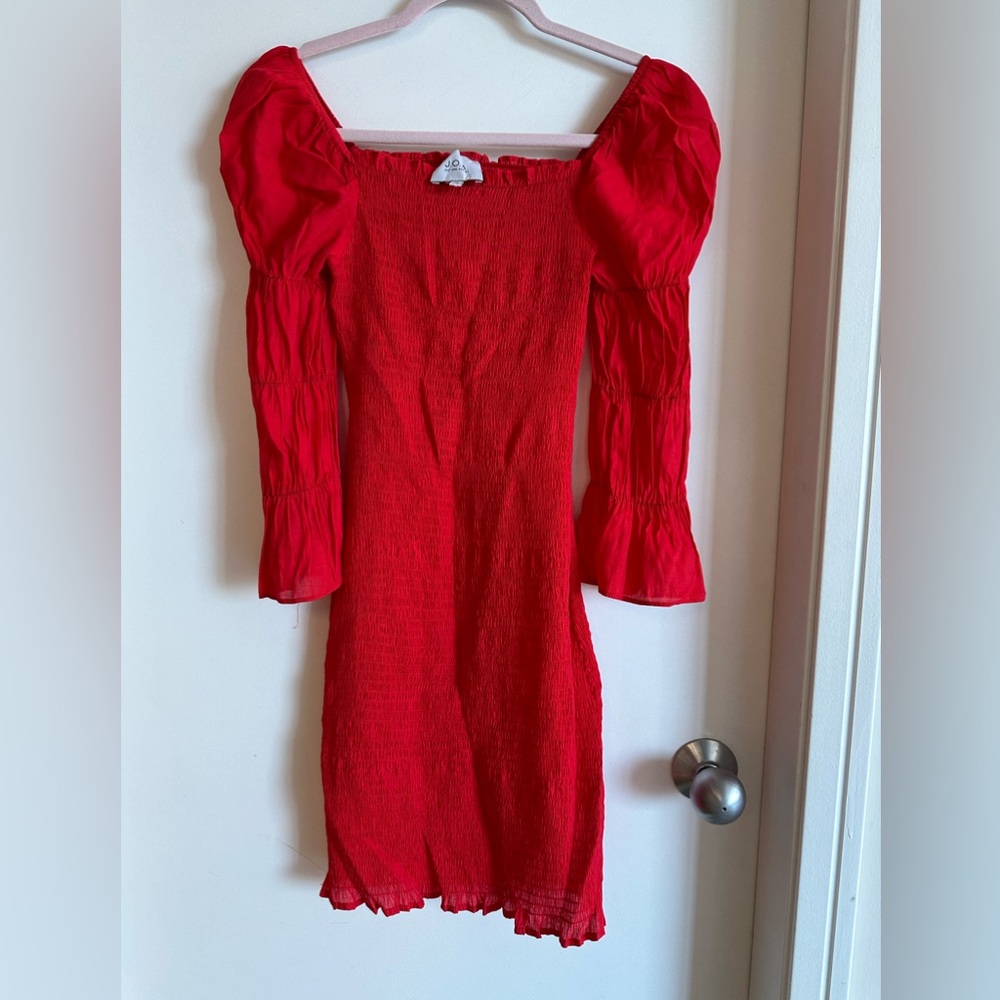 RED SHIRRED SMOCKED BODYCON DRESS WITH LONG PUFFED PRINCESS SLEEVES